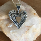 Heart Pendent With Ribbing 925 Silver With 14k Gold Center Heart, 18"Chain