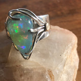 Exquisite Ethiopian Opal Ring in Art Deco Setting, 925 Silver, 14k Gold Accents