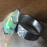 Exquisite Ethiopian Opal Ring in Art Deco Setting, 925 Silver, 14k Gold Accents