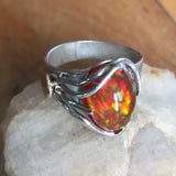 Brilliant Colored Mexicn Fire Opal Ring in Art Deco 925 Silver Setting, 14k Gold Accents