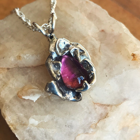 Exquisite Rose Tourmaline Pendent, 925 Silver, with Chain