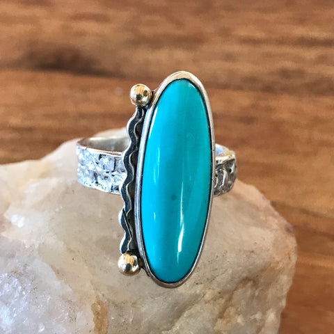 Rare Sleeping Beauty Turquoise Custom Ring, 925 Silver, Gold Accents