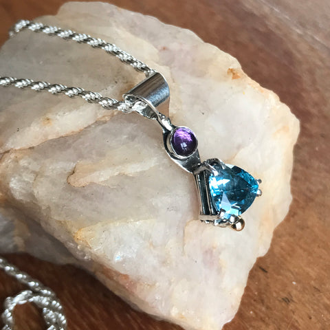 Dazzling Blue Topaz, Amethyst and Gold Accent Pendent and SS Chain