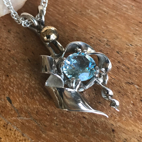Round  Custom Cut Blue Topaz Pendent, Silver Setting and Chain