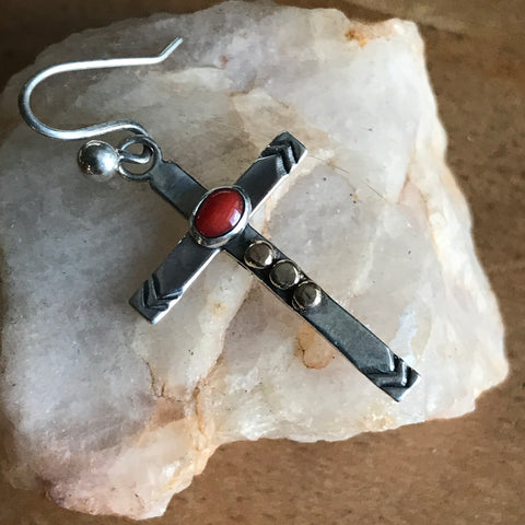 Single Cross Earring 925 Silver With Red Coral and 14k Gold Accents