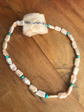 Natural Pearl and Turquoise Bead Necklace Sterling, Silver Clasp