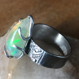 Exquisite Ethiopian Opal Ring in Art Deco Setting, 925 Silver, 14k Gold Accents