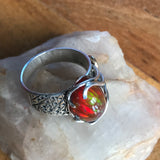 Brilliant Colored Mexicn Fire Opal Ring in Art Deco 925 Silver Setting, 14k Gold Accents