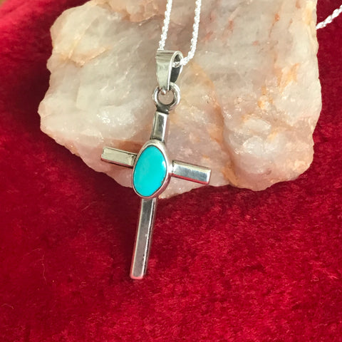 Sterling Silver Cross Necklace with Turquoise Stone