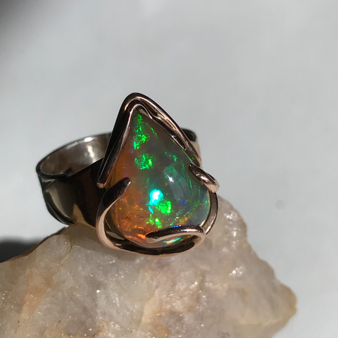 FineTeardrop Ethiopian Opal Ring . Rose, White and Yellow 14k Gold Ring
