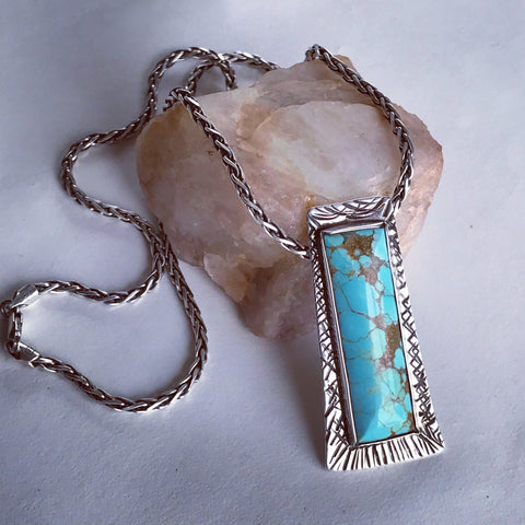 Elongated Rectangular Rare #8 Turquoise Pendent In Sterling Silver