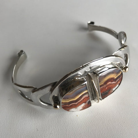 Rare California Agate Art Deco style Cuff Bracelet in Sterling Silver with 14k Gold Accents