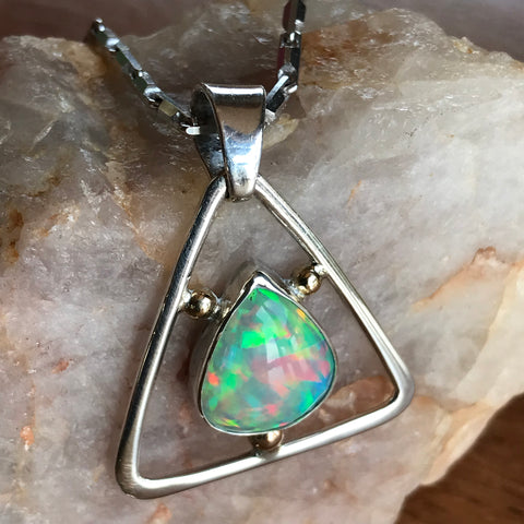 Ethiopian Opal Pendent Sterling Silver with Gold Accents