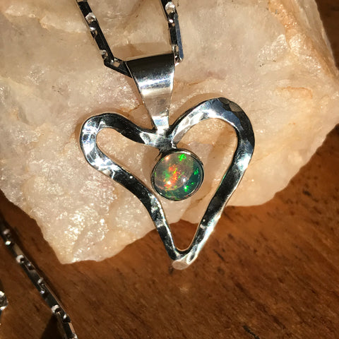 Opal Cab Set in Sterling Silver Custom Heart with 20" Sterling Silver Chain