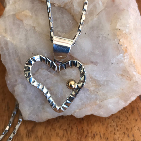 Custom Designed Necklace with Hand-Forged Heart Pendent, Gold Bead Accent and Sterling Silver Chain