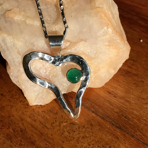 Bright Emerald Cab set in Sterling Silver Heart with 18" Chain