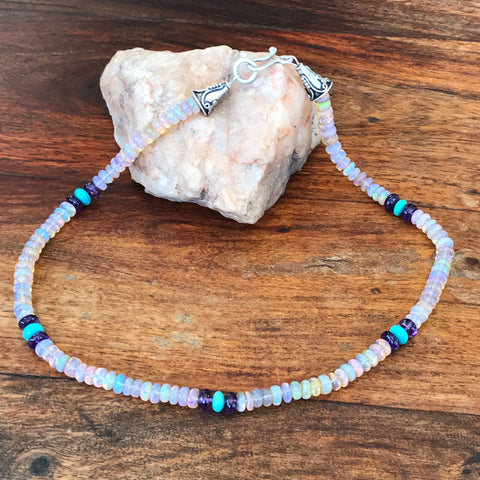 Exotic Ethiopian Opal Necklace With Ameithyst and Turquoise Accents