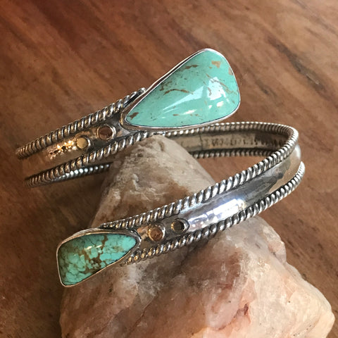 Exotic #8 Turquoise Armlet Cuff Bracelet in Sterling Silver with 14k Gold Accents